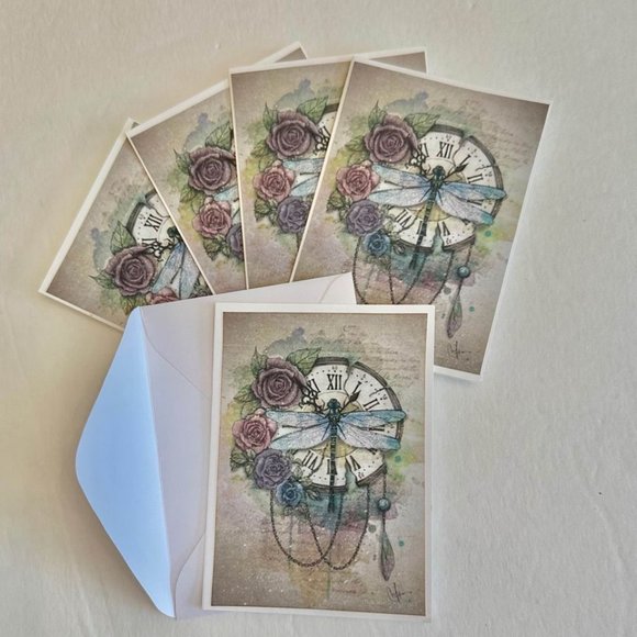 Set of 5- DRAGONFLY CLOCK handmade folded blank gift, greeting, journaling, happ - Picture 2 of 3